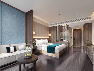 Modern Chinese Style Hotel Room Interior With Blue Wall Wooden Decor Sofa And Large Bed 3d model