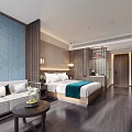 Modern Chinese Style Hotel Room Interior With Blue Wall Wooden Decor Sofa And Large Bed