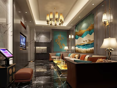 Luxurious KTV Lounge Interior With Chandelier Sofa Mural TV Screen And Marble Floor 3d model