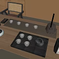 Traditional Chinese Tea Set with Teapot Small Cups and Wooden Tray on Table