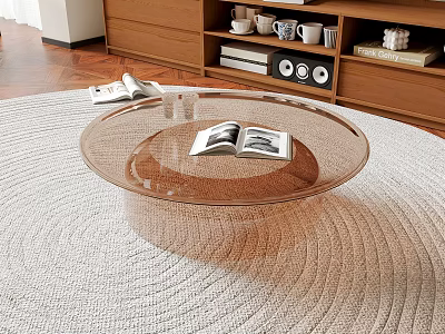 Round Transparent Coffee Table On Beige Rug With Wooden Bookshelf Mugs And Books 3d model