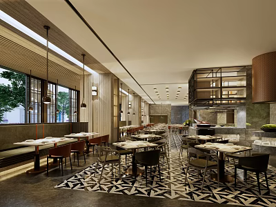 Modern Restaurant Interior Design With Dining Tables Chairs Large Windows And Geometric Floor 3d model