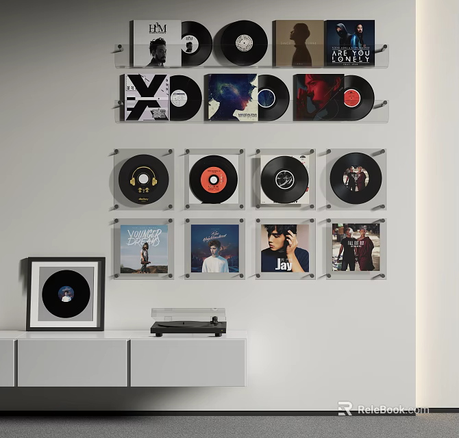 Digital Vinyl Record Wall Display with Storage Shelves and Player Unit 3d model 
