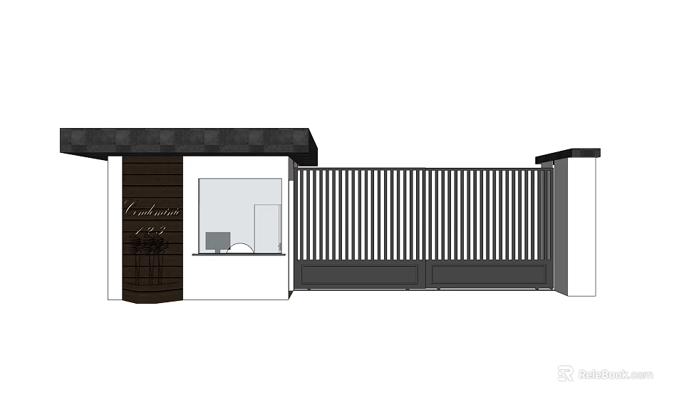 Modern Entrance Gate Design With Striped Fence Wooden Door And Side Window 3d model 