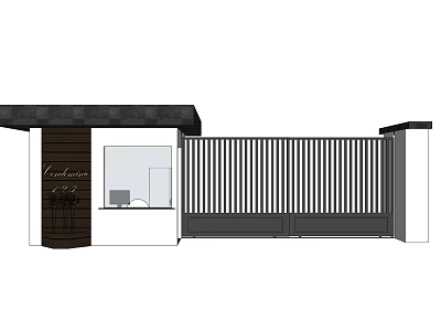 Modern Entrance Gate Design With Striped Fence Wooden Door And Side Window 3d model