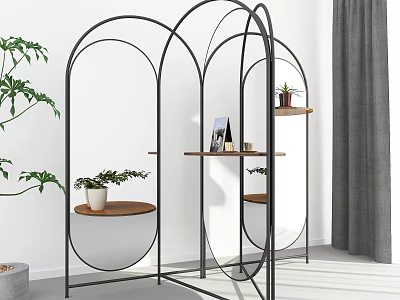 Modern Black Metal Arched Room Divider With Wooden Shelves And Potted Plants 3d model