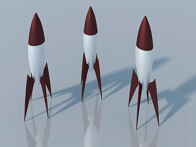 Three Red And White Rocket Models With Pointed Tops And Brown Fins On Reflective Surface 3d model