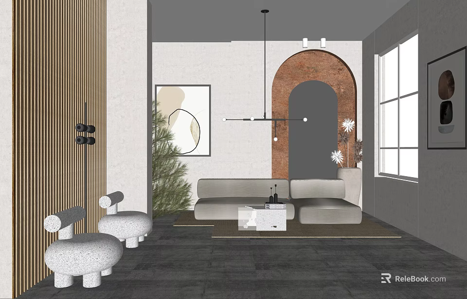 Modern Living Room Interior With Curved Sofa Arched Doorway And Pendant Light 3d model 