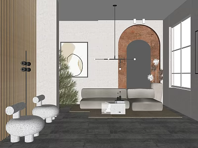 Modern Living Room Interior With Curved Sofa Arched Doorway And Pendant Light 3d model