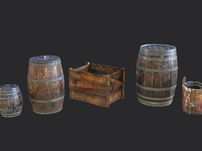 Vintage Wooden Barrel And Crate Decorative Ornament Set For Home Decor 3d model