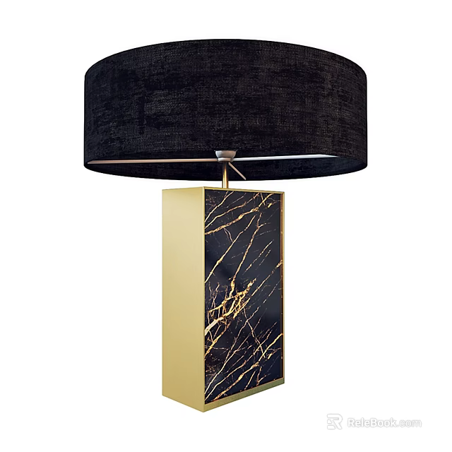 Elegant Table Lamp With Black Fabric Shade Gold Frame Black Marble Base Gold Veins 3d model 