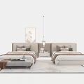 Elegant Modern Bedroom Interior Featuring Stylish Single Beds Nightstand Rug Pendant Light And Decorative Artwork