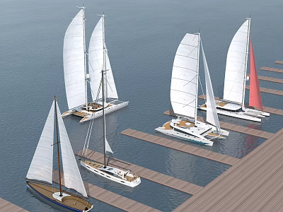Sailboats Moored at Marina on Calm Water with Wooden Dock Structure 3d model