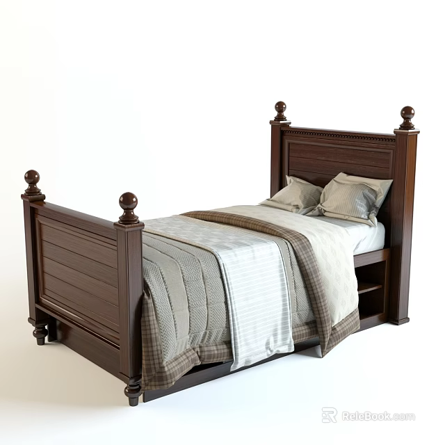 Dark Brown Wooden Double Bed with Carved Posts and Striped Plaid Bedding with Pillows 3d model 