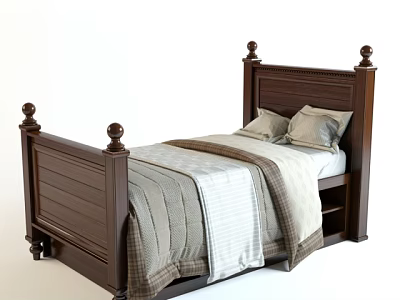 Dark Brown Wooden Double Bed with Carved Posts and Striped Plaid Bedding with Pillows 3d model