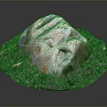 Natural Large Rock Surrounded By Lush Green Grass And Pink Leaves
