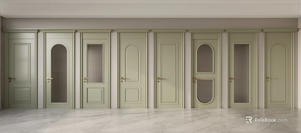 Light Green Interior Swing Doors With Various Designs And Glass Panels 3d model