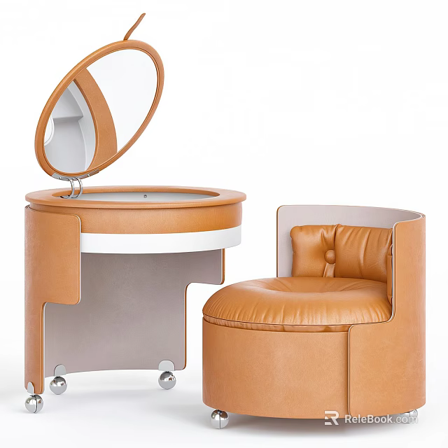 Brown Leather Round Dressing Table With Open Mirror Rolling Wheels And Matching Chair 3d model
