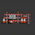 Red And White Road Barriers With Road Closed Sign Traffic Cones And Yellow Warning Lights