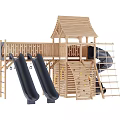 Wooden Outdoor Play Equipment with Double Slides Climbing Wall and Cabin Roof