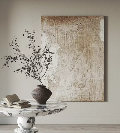 Decorative Vase With Branches Open Book On Glass Table And Textured Painting 3d model