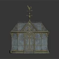 Vintage Ornate Birdcage With Metal Frame Glass Panels And Weathervane On Top
