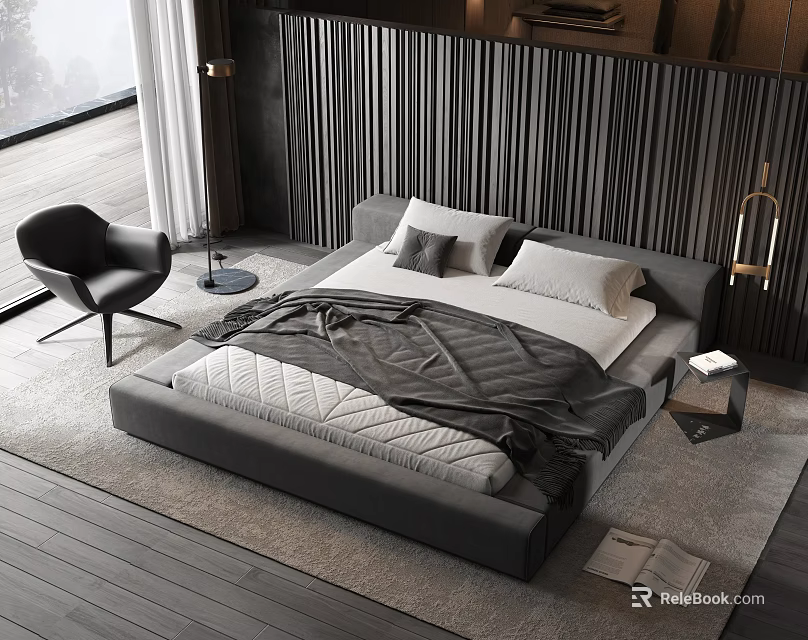 Modern Double Bed In Bedroom Interior With Dark Wood Paneled Wall And Accent Chair 3d model 