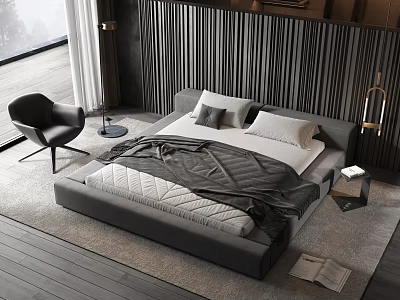 Modern Double Bed In Bedroom Interior With Dark Wood Paneled Wall And Accent Chair 3d model