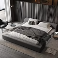 Modern Double Bed In Bedroom Interior With Dark Wood Paneled Wall And Accent Chair