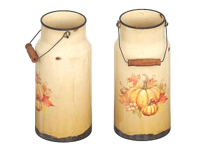 Cream Colored Ceramic Vessels With Dark Base Wooden Handles And Autumn Themed Patterns 3d model