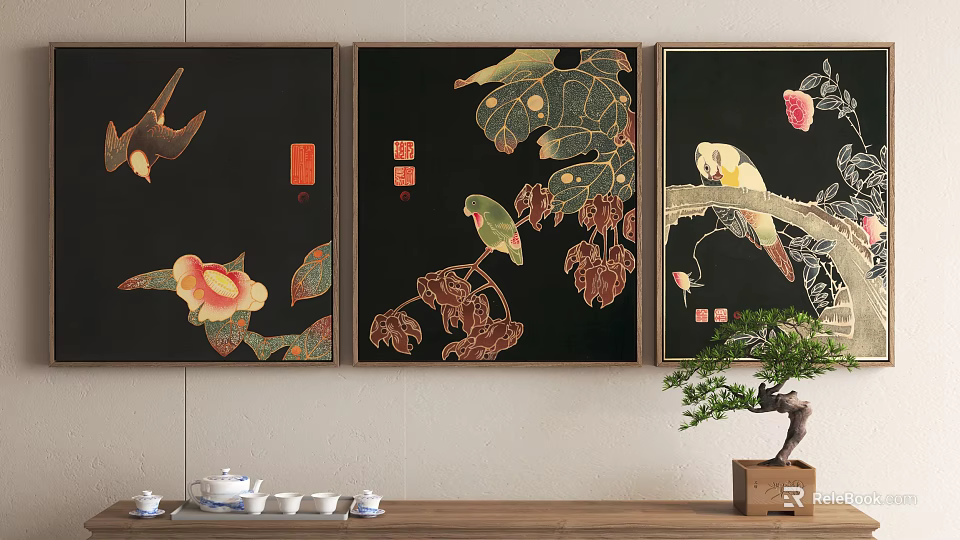 Traditional Chinese Animal Paintings With Birds Flowers On Black Background 3d model 
