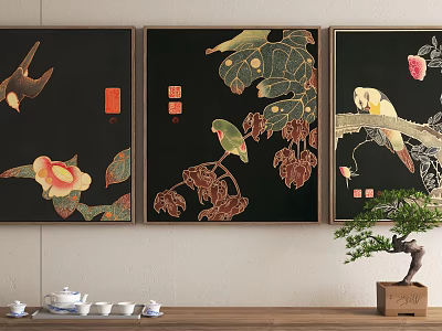 Traditional Chinese Animal Paintings With Birds Flowers On Black Background 3d model