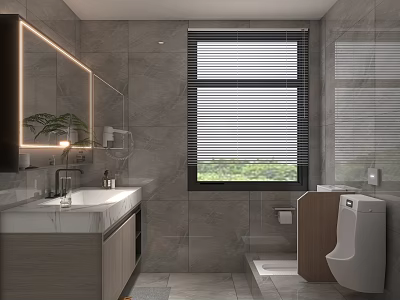 Public Restroom Modern Design With Gray Tiles Large Window Blinds Green Plant Clean Washbasin And Mirror 3d model