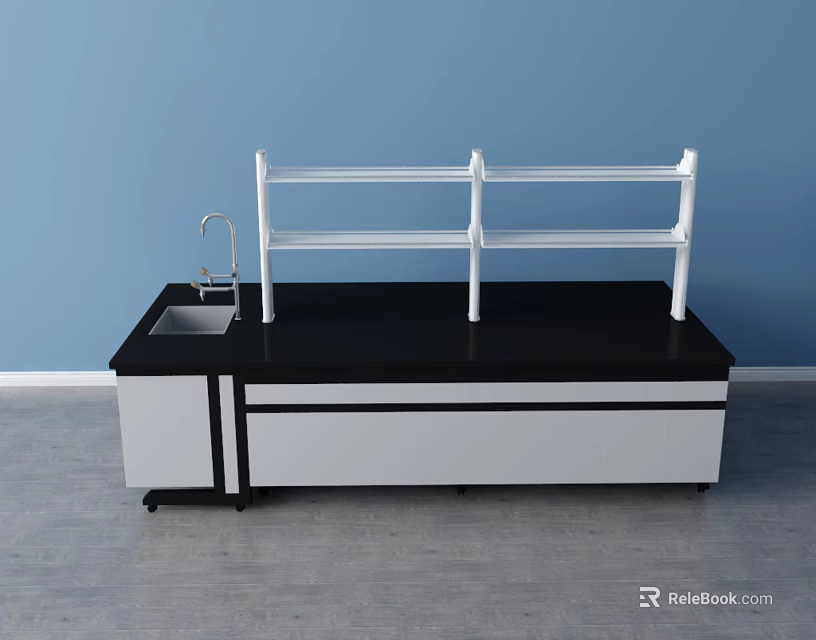 Functional Workbench with Black Countertop White Shelf Sink Faucet and Storage Cabinets 3d model 