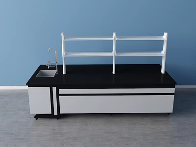 Functional Workbench with Black Countertop White Shelf Sink Faucet and Storage Cabinets 3d model