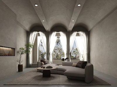 Modern Living Area Interior With Gray Sofa Arched Windows White Curtains And Round Coffee Table 3d model