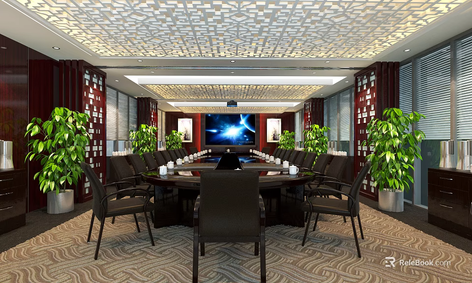 Elegant Modern Conference Room Interior With Large Table Chairs Screen And Green Plants 3d model 