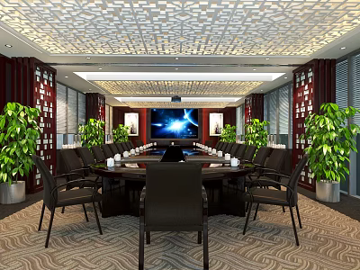 Elegant Modern Conference Room Interior With Large Table Chairs Screen And Green Plants 3d model
