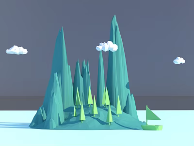 3D Low Poly Cartoon Mountain Scene With Green Trees Sailboat And White Clouds 3d model