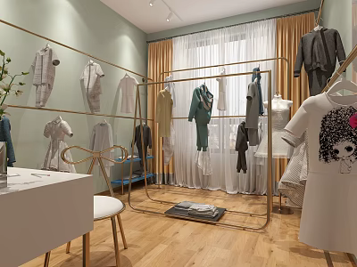 Mall Clothing Store With Elegant Display Clothes Hangers Mirrors Windows Curtains And Wooden Floor 3d model