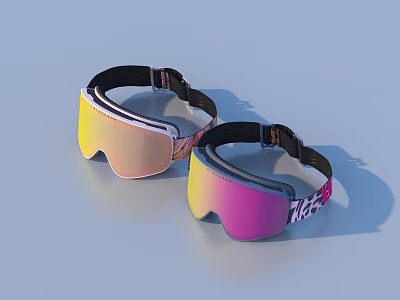 Ski Goggles With Colorful Reflective Lenses Black Straps And White Ride Text On Straps 3d model