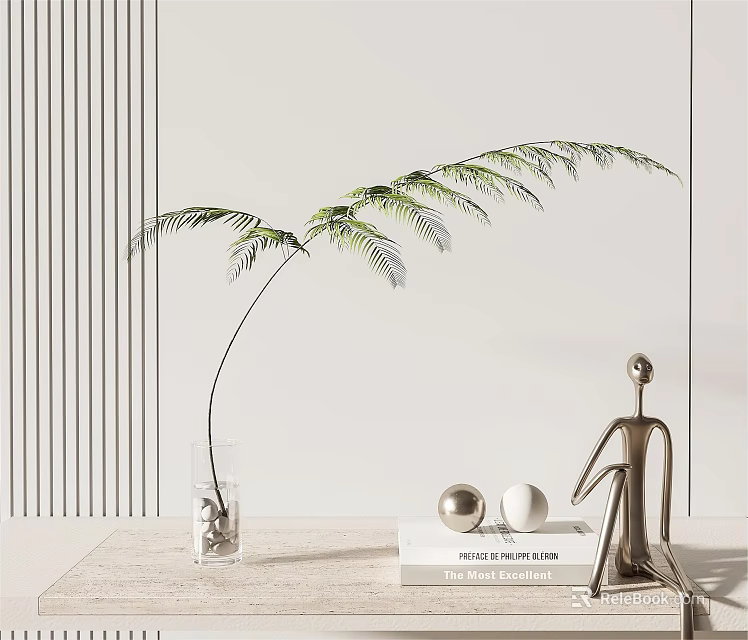 Elegant Aquatic Plant in Transparent Glass Vase with Metal Figurine Books and Balls on Light Wall 3d model 