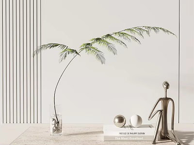 Elegant Aquatic Plant in Transparent Glass Vase with Metal Figurine Books and Balls on Light Wall 3d model