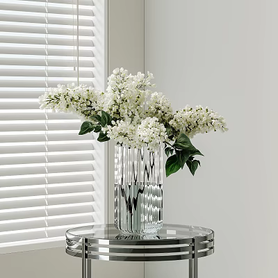 Clear Textured Glass Vase With White Flower Blooms On Round Glass Table By Window Blinds 3d model