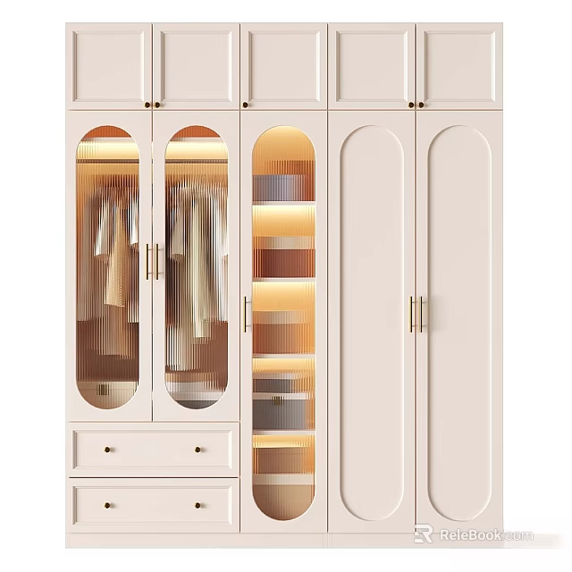 White Storage Cabinet With Glass Doors And Gold Handles For Organizing Clothes 3d model 