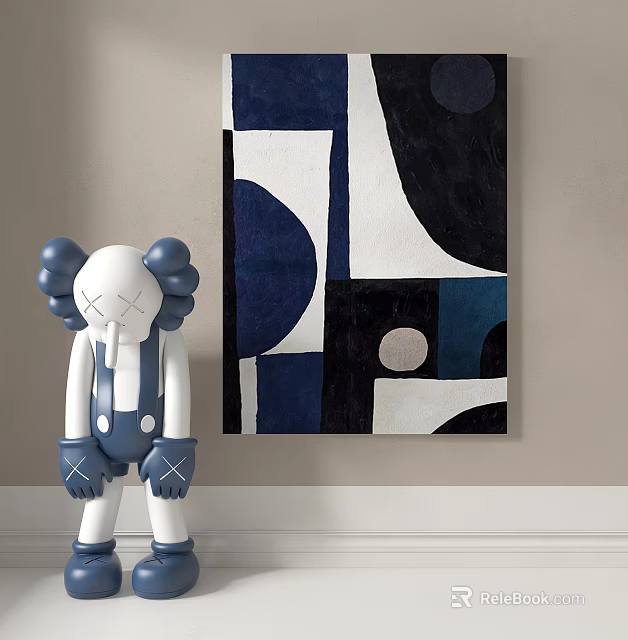 Modern Abstract Artwork With White Sculpture And Blue Black Gray Patterns 3d model