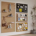 Functional Shoe Cabinet On Perforated Wooden Wall With Shelves Hooks Plants And Decorative Pieces
