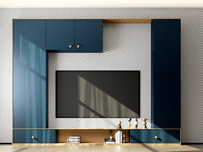 Stylish Modern TV Cabinet With Navy Blue Storage Cabinets Wooden Base And Decorative Items 3d model