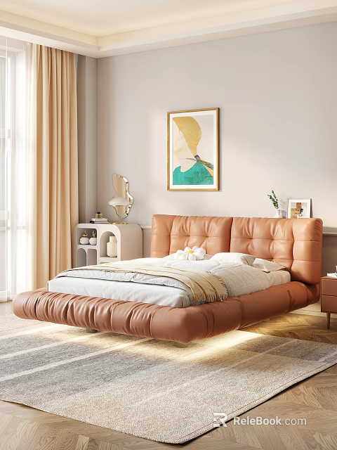 Background Double Bed With Brown Leather Upholstered Headboard In Modern Bedroom Decorative Painting Natural Light 3d model 