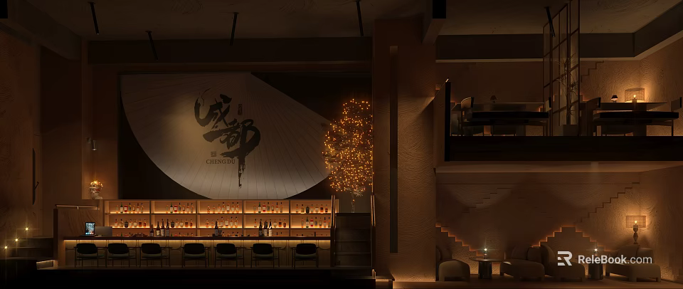 Chengdu Themed Bar Interior With Warm Lighting And Liquor Shelves 3d model 